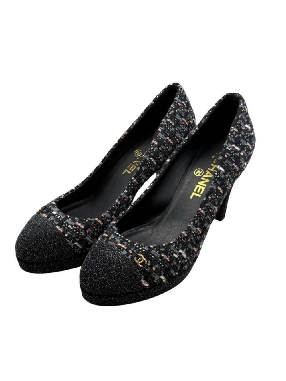 Chanel High Heels CC Logo Tweed Platform Pumps Black